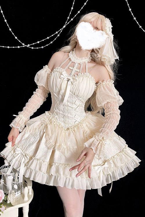Ivory Tube Top Sleeveless Blowknot Ruffled Sweet Lolita Tiered Dress