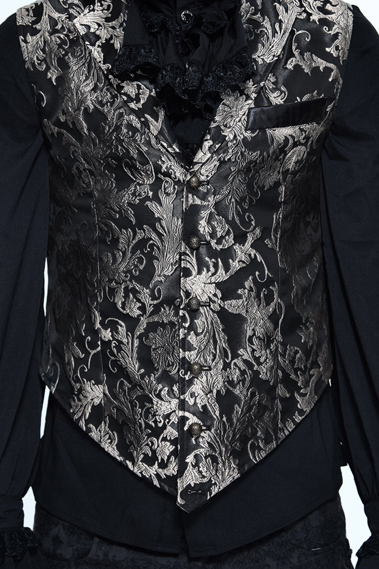 Black/Silver Jacquard Printed Button Men's Gothic Vest