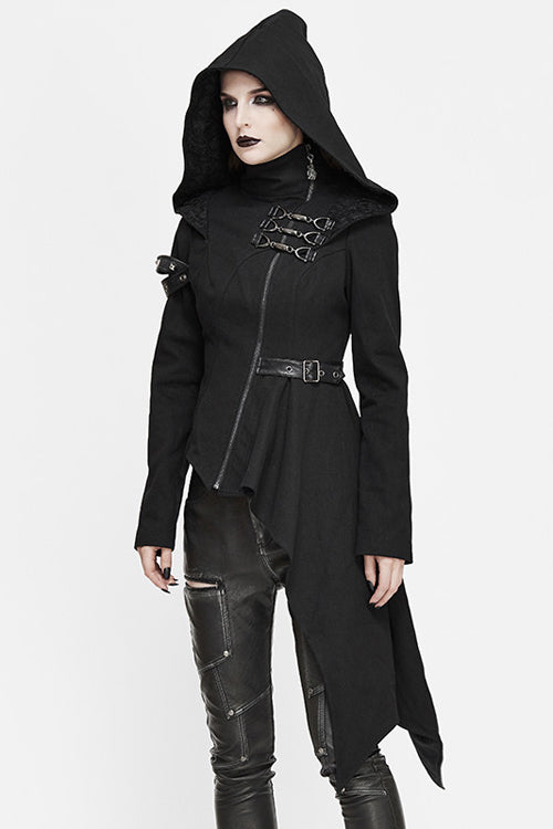 Black Hooded Asymmetrical Zipper Womens Punk Jacket