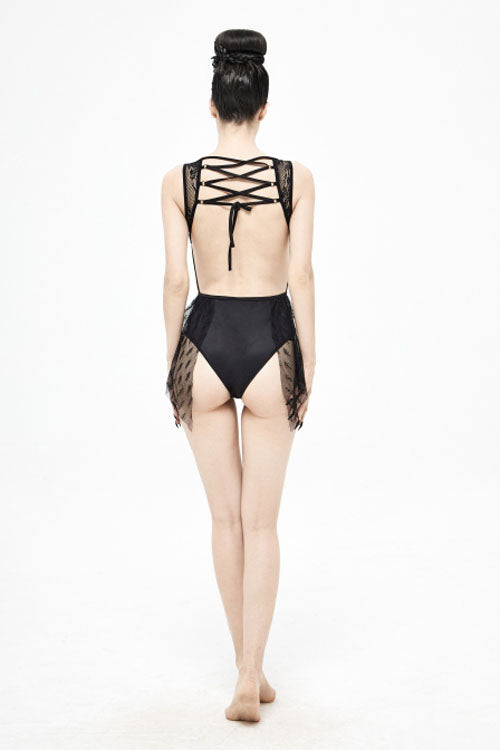 Back Lace Stitching Cross Strap Lace Up Gothic One Piece Swimsuit