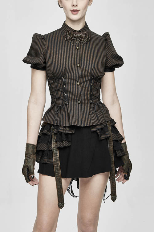 Braune Bubble Kurzarm Gestreifte Schlanke Punk Bluse für Damen