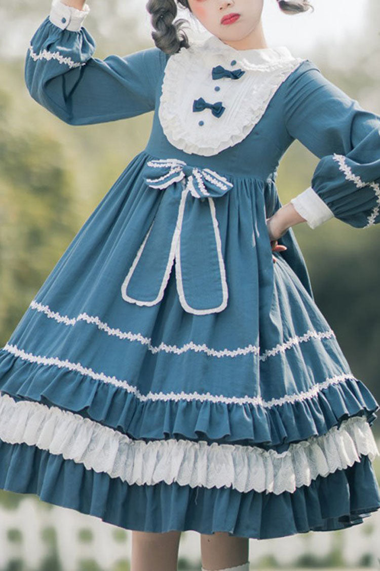 Blue Long Sleeves Bowknot Ruffled Multi-Layer Classic Lolita Op Dress