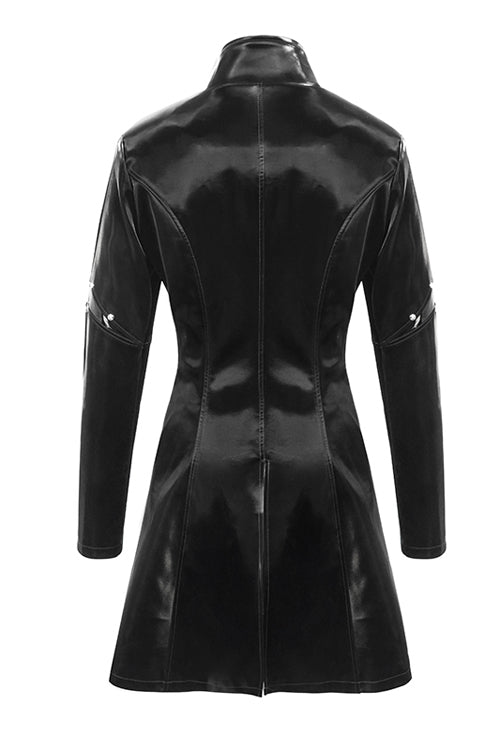 Black Rivet Bright Leather Zipper Long Womens Punk Coat