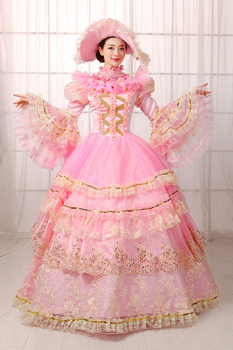 Pink Trumpet Sleeves High Waisted Hollow Embroidery Print Multi-Layer Victorian Lolita Prom Dress