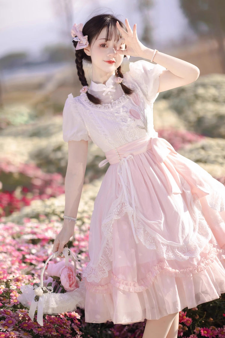 Pink Round Collar Short Sleeves Lace Ruffle Bowknot Sweet Princess Lolita Dress