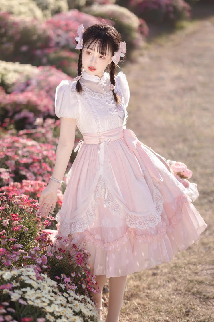 Pink Round Collar Short Sleeves Lace Ruffle Bowknot Sweet Princess Lolita Dress