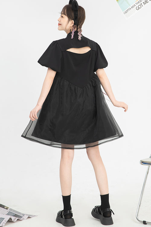 Black Stand Collar Lantern Short Sleeves Floral Print Organza Panel Sweet Lolita Dress