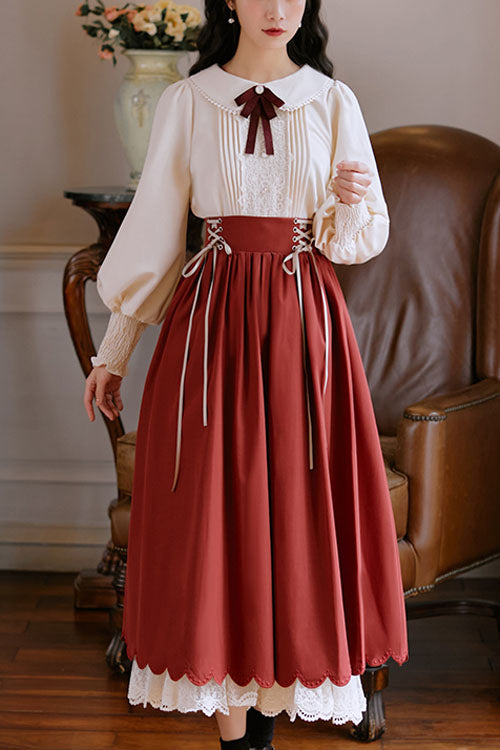 Solid Color High Waisted Lace Wave Hem Two Pieces Classic Lolita Dress