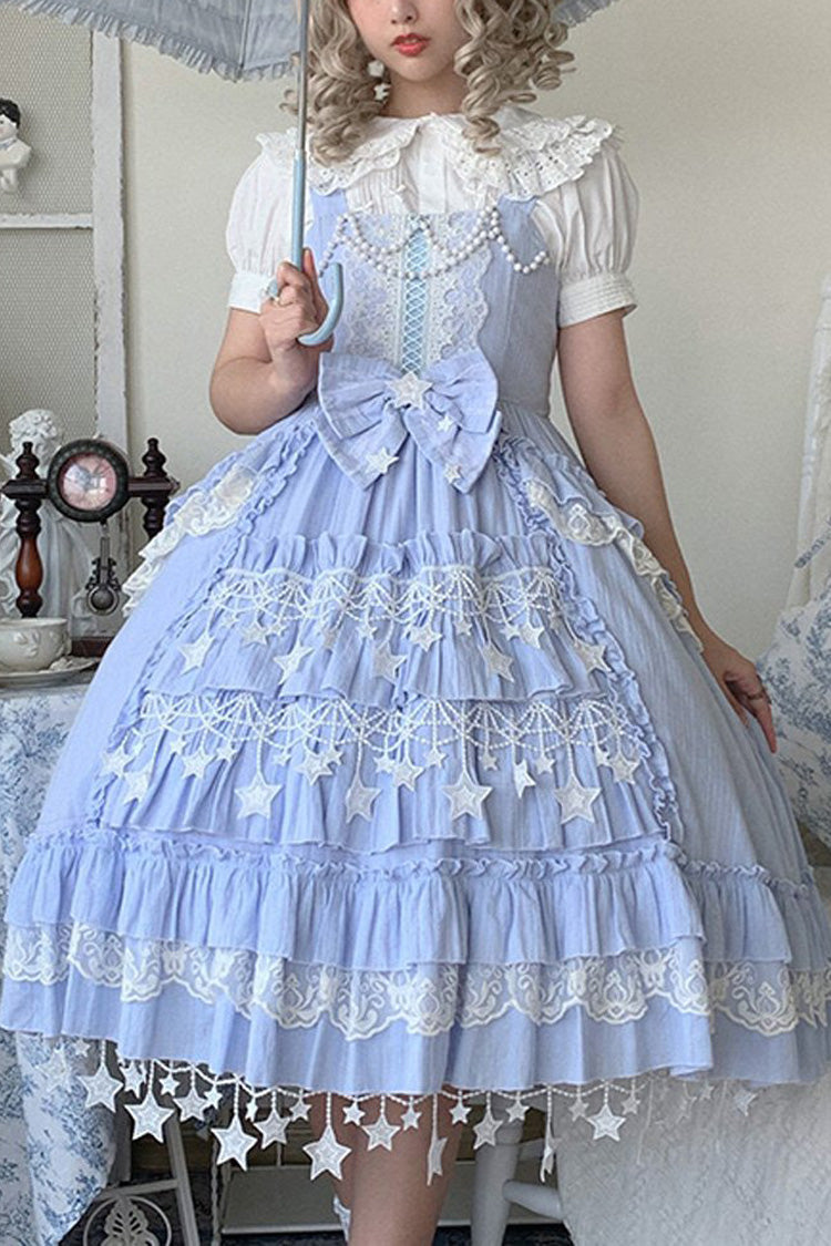 Blaues Hanayome Sweet Lolita JSK Stufenkleid mit Spitzenbesatz und Rüschen
