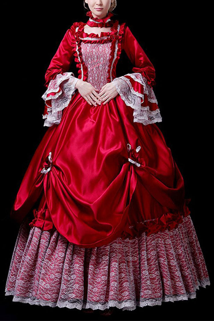 レッド多層姫袖ハイウエスト中空刺繍花柄ビクトリア朝のロリータウエディングドレス