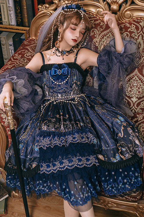 Blue Skull Print Hanayome Bowknot Pearl Chain Multi-Layer Ruffled Gothic Lolita JSK Tiered Dress