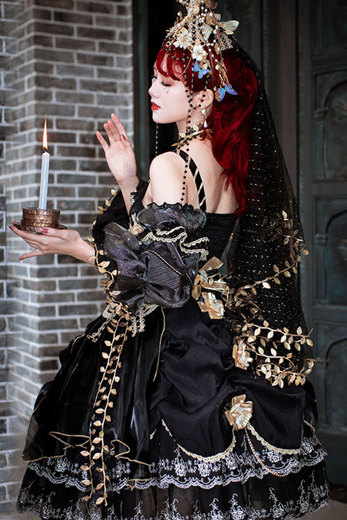 Black Vintage Elegant Court Style Embroidery Ruffled Classic Lolita JSK Dress