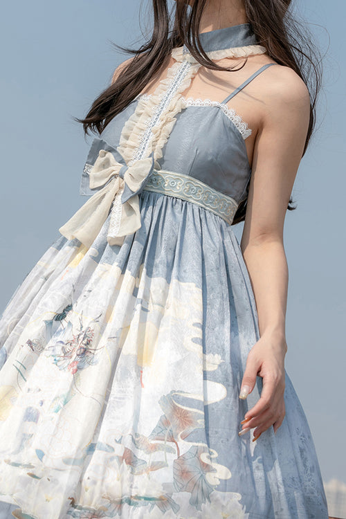 Blue Chinese Mythology Print High Waist Lace Trim Sweet Lolita JSK Dress