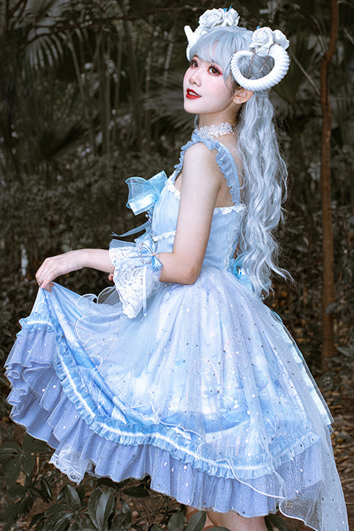Blue Ruffled Stitching Seam 3D Print Sweet Lolita JSK Dress