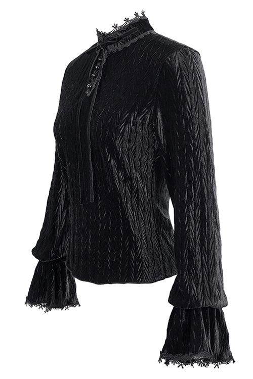 Schwarze plissierte Gothic-Bluse aus Samt mit Trompetenärmeln für Damen