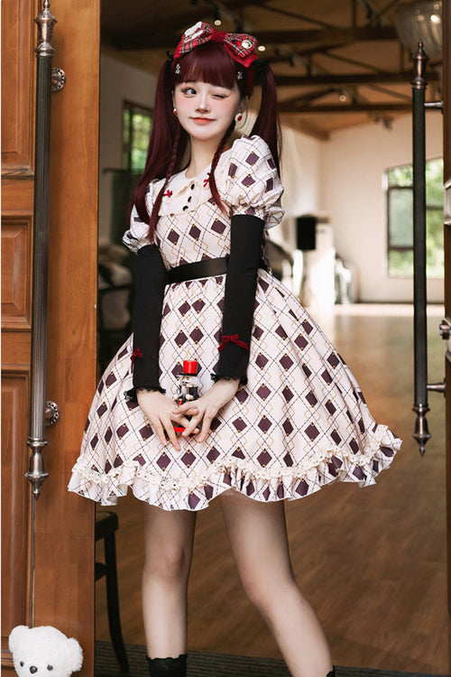 Pink Doll Collar Bubble Long Sleeve Ruffled Plaid Print With Vest Sweet Lolita OP Dress