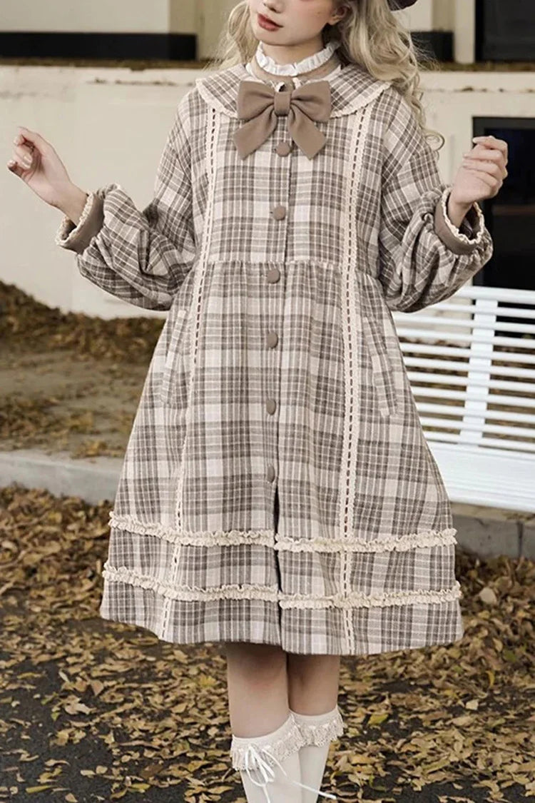 Light Brown Doll Collar Long Sleeves Multi-layer Print Bowknot Sweet College Style Lolita Dress Coat