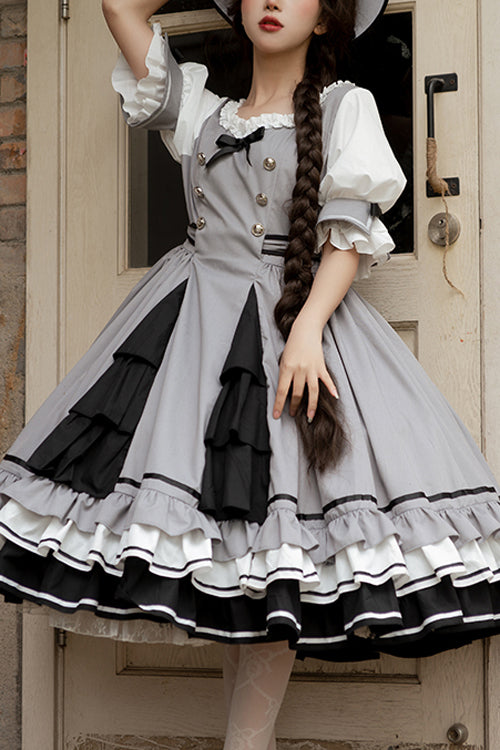 Grey Vintage Elegant Layered Hem Ruffled Round Collar Short Sleeves High Waisted Sweet Lolita Dress
