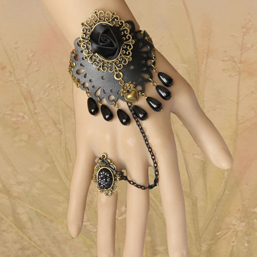 Black Retro Fashion Flower Pearl Female Band Gothic Lolita Ring Bracelet