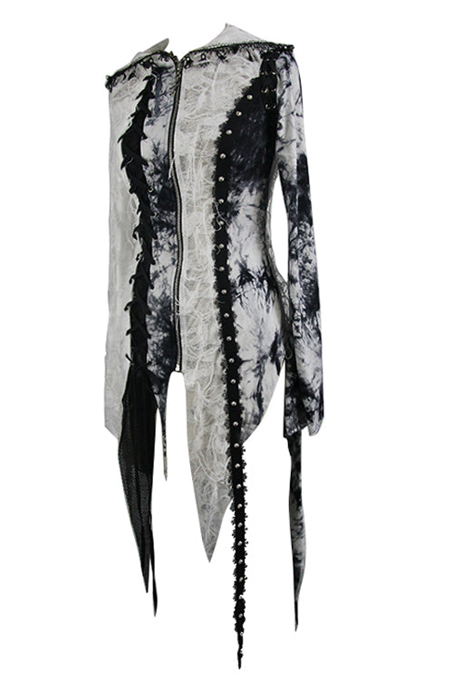 Black And White Tie Dyed Jersey Hooded Punk Asymmetrical Womens Coat
