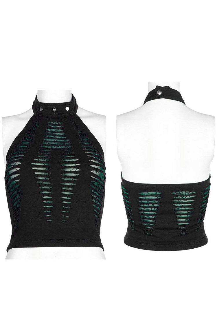 Stretch-Strickstoff, ausgehöhlter Spinnendruck, verstellbare Gothic-Neckholder-Weste für Damen