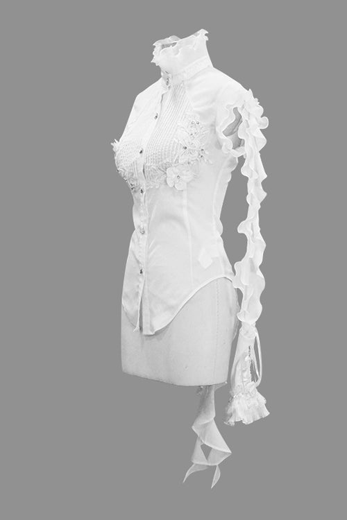 White Ruffled Lace Sleeves Chiffon Swallowtail Womens Gothic Blouse