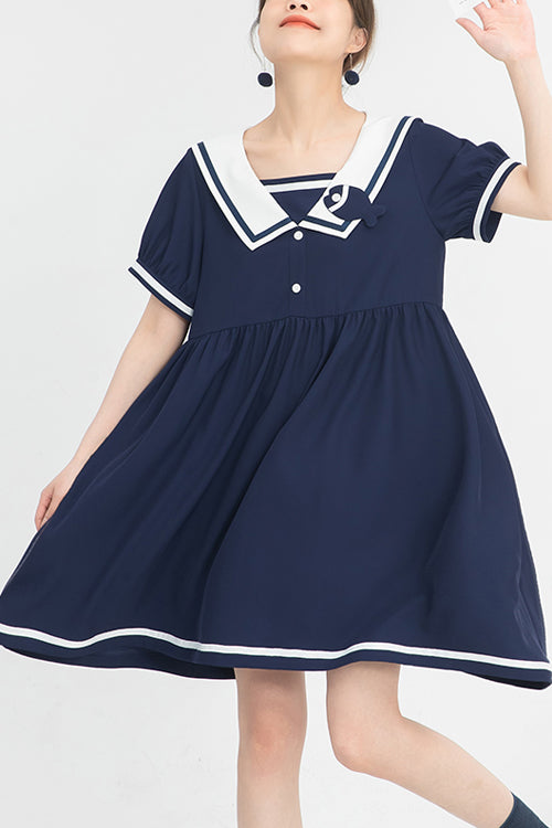 Blue Vintage Navy Collar College Style Short Sleeves High Waisted Sweet Lolita Dress