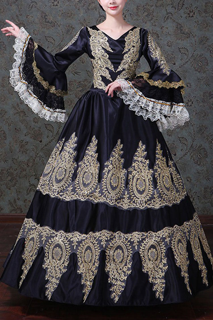 Black Trumpet Sleeves High Waisted Hollow Embroidery Print Victorian Lolita Prom Dress
