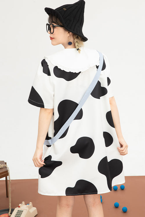Black/White Doll Collar Short Sleeves Milk Cow Print Sweet Lolita Dress