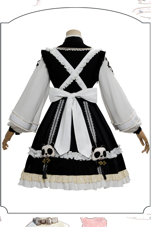 Black/White High Neck Lantern Sleeves Multi-Layer Ruffled Panda Bun Shop Sweet Lolita Op Dress