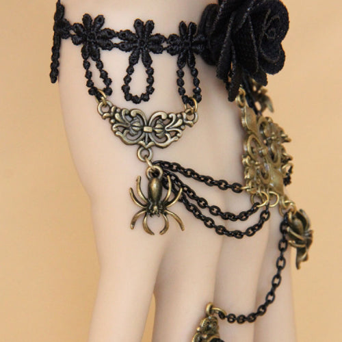 Black Retro Rose Flower Spider Lace Gemstone Female Punk Lolita Ring Bracelet