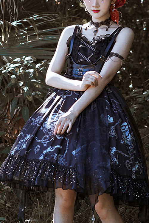 Dark Blue Vampire Diaries Theme Bowknot Ruffled Gothic Lolita JSK Dress Full Set