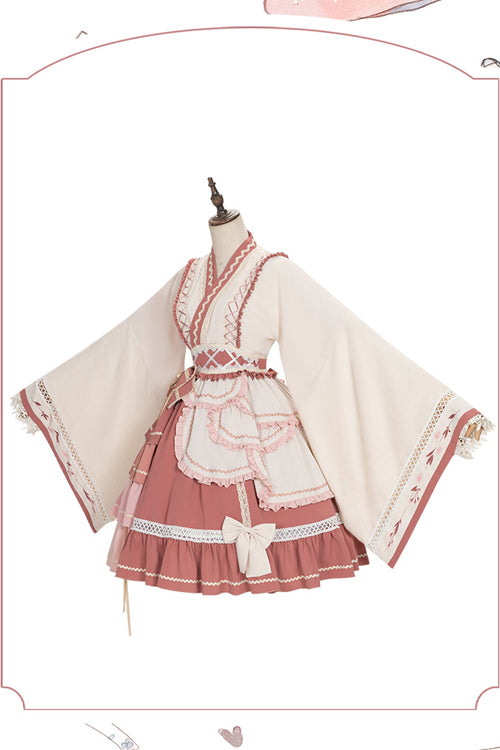 Beige/pinkes süßes Lolita OP-Kleid mit weiten Ärmeln, mehrlagigen Rüschen