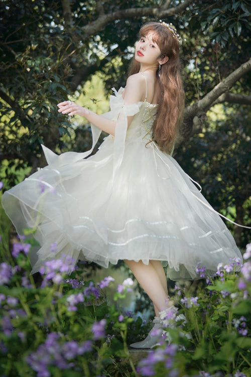 Beige Small Ballet High Waisted Bowknot Chiffon Long Version Sweet Lolita JSK Dress