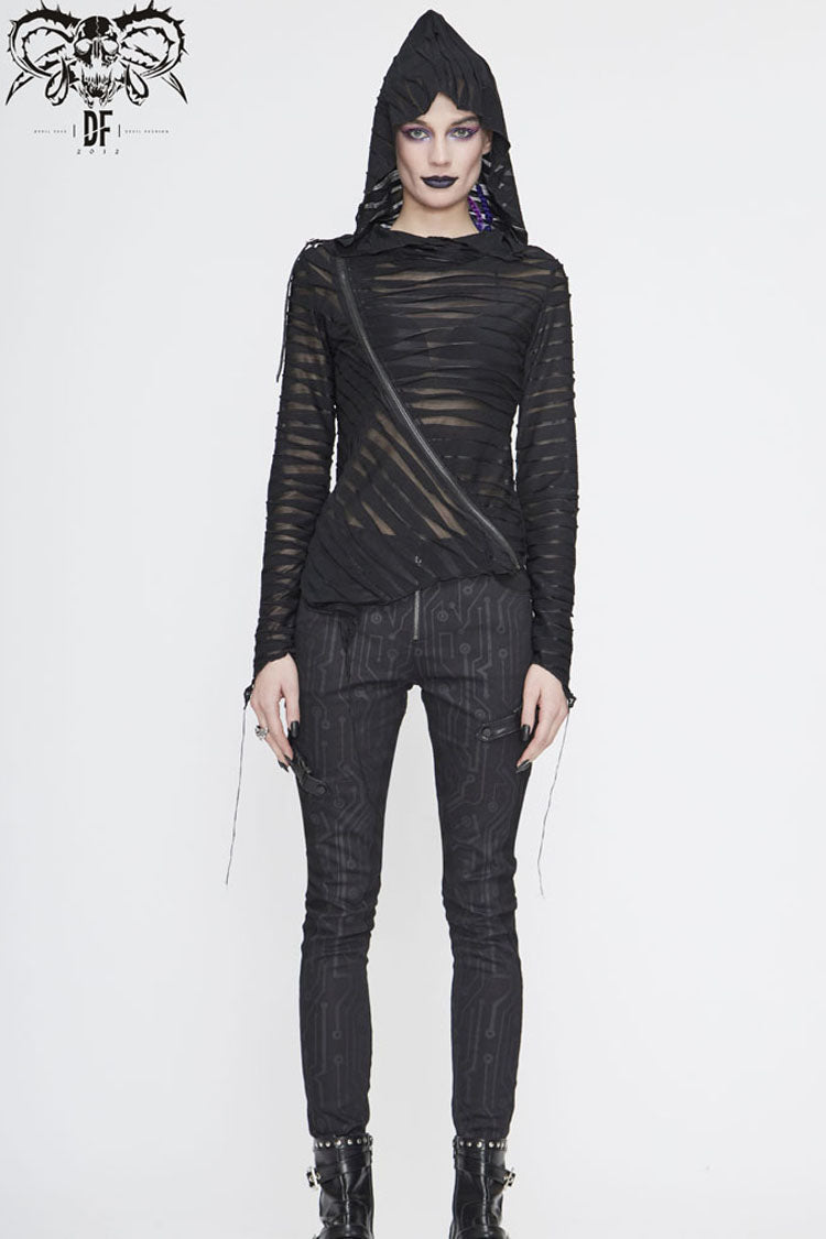 Black Hooded Three-Dimensional Twisted Knitted Inclined Zipper Irregular Hem Women's Punk Shirt