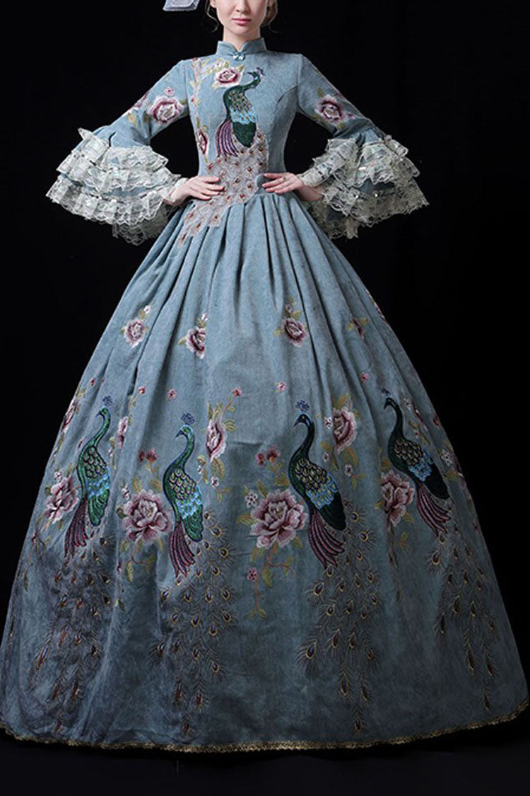 Blue Multi-Layer Trumpet Sleeves High Waisted Peacock Embroidery Print Victorian Lolita Prom Dress