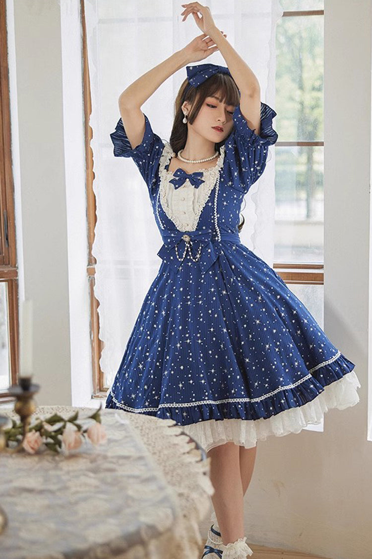 Midsummer Galaxy Shiny Star Print Short Sleeves Ruffle Bowknot Sweet Lolita OP Dress