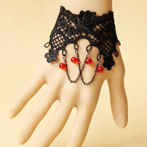 Black Retro Fashion Lace Flower Tassel Red Crystal Female Gothic Lolita Bracelet