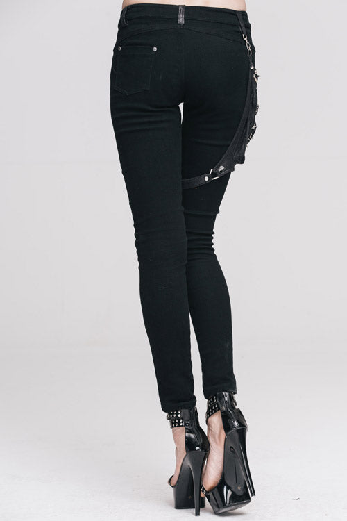 Schwarze Punk Skinny mit Beintasche Damenhose