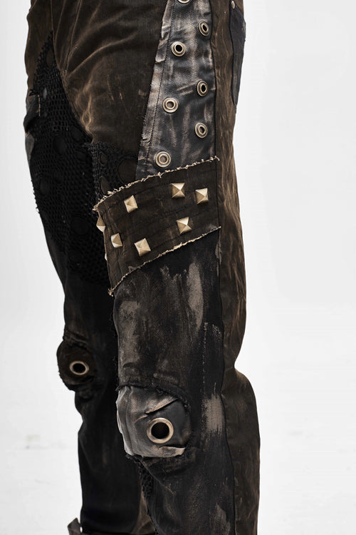 Brown Metallic Spiked Ragged Punk Slim Mens Pants