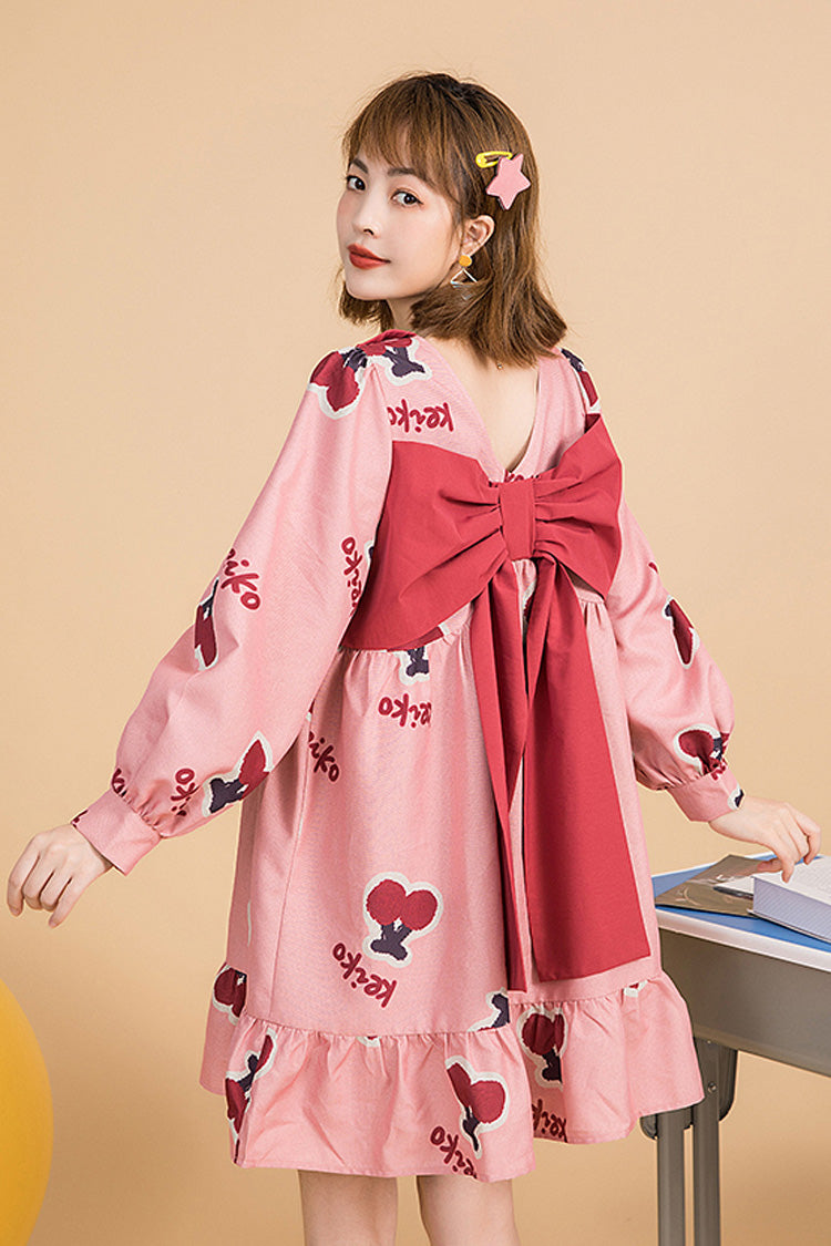 Pink Lapel Collar Long Sleeved Cherry Print Stitching Bowknot Ruffled Slimming Sweet Lolita Dress