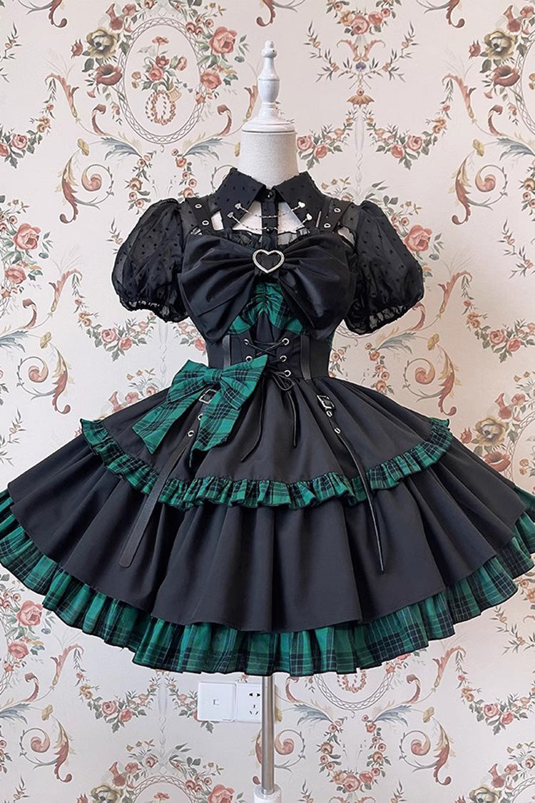 Black/Green Sleeveless Multi-layer Ruffle Bowknot Gothic Lolita Jsk Dress