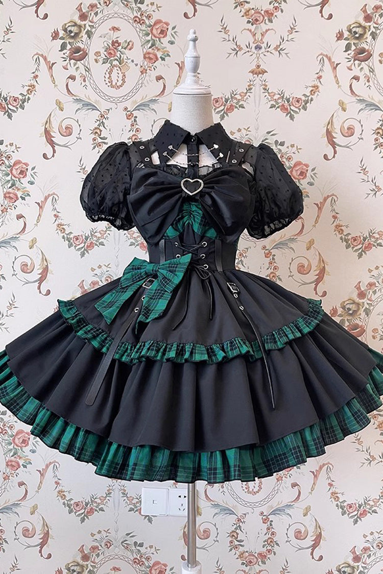 Schwarz/Grünes ärmelloses mehrlagiges Gothic Lolita Jsk Kleid mit Rüschen und Schleife