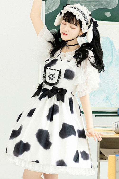 White Cow Pattern Print Bowknot Ruffled Sweet Lolita JSK Dress