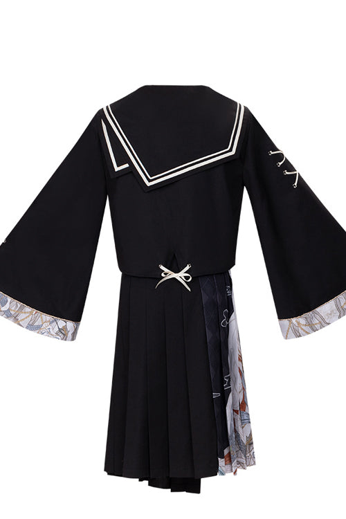 Black Bad Girl Chinese Elements Printed Asymmetric Pleated Skirt Full Set Of Classic Lolita Dress