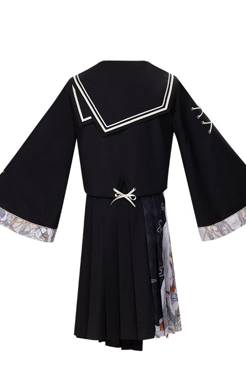 黒の不良少女中国要素プリント非対称プリーツ スカートのフルセットの古典的なロリータ ドレス