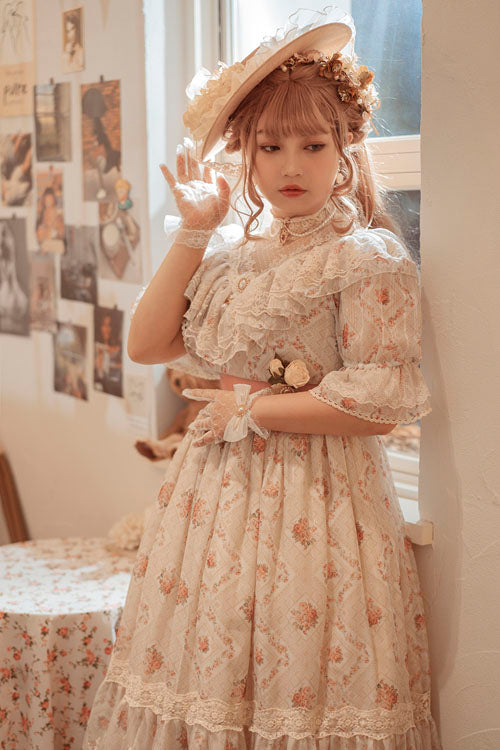 Elegantes süßes Lolita OP-Kleid mit Vintage-Rosenblüten-Druck, mehrlagiger Stickerei und Rüschen