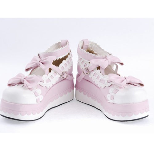 Pink Synthetic Leather Round Toe Ankle Straps Bow Decoration Platform Lolita Shoes