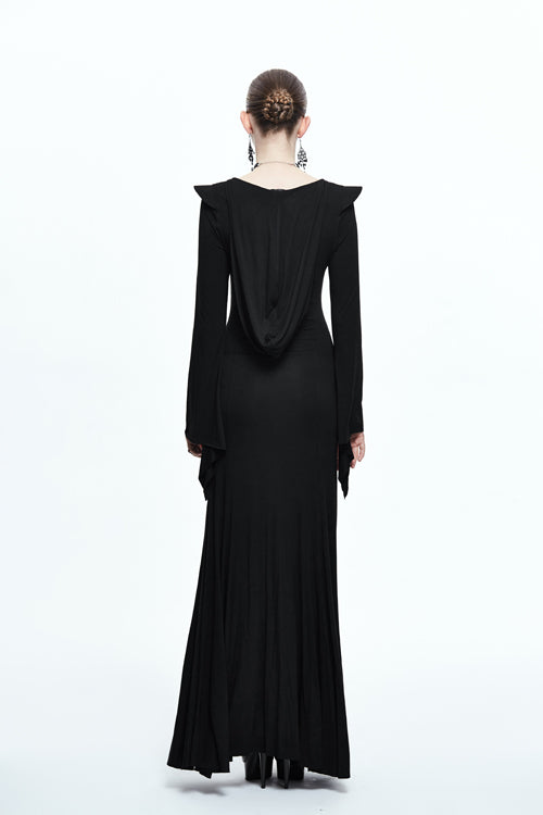 Black Sexy Stretchy Hooded Knitted Flared Sleeves Fishtail Womens Gothic Dress