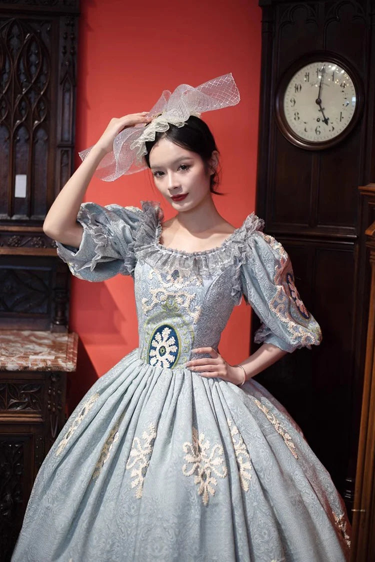 Blue Medieval Court Print Embroidery Vintage Princess Lolita Victorian Dress
